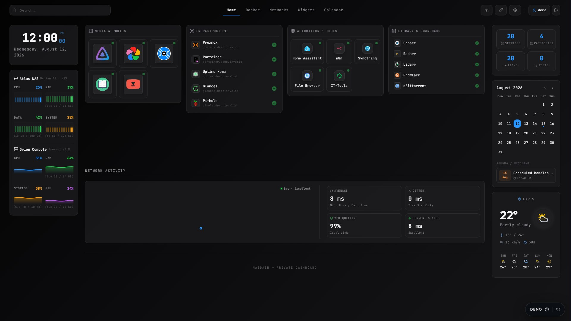 NasDash — Actual product interface · isolated demo data