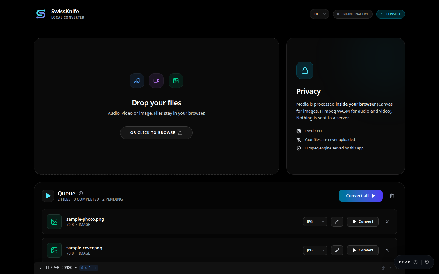 SwissKnife — Actual product interface · isolated demo data