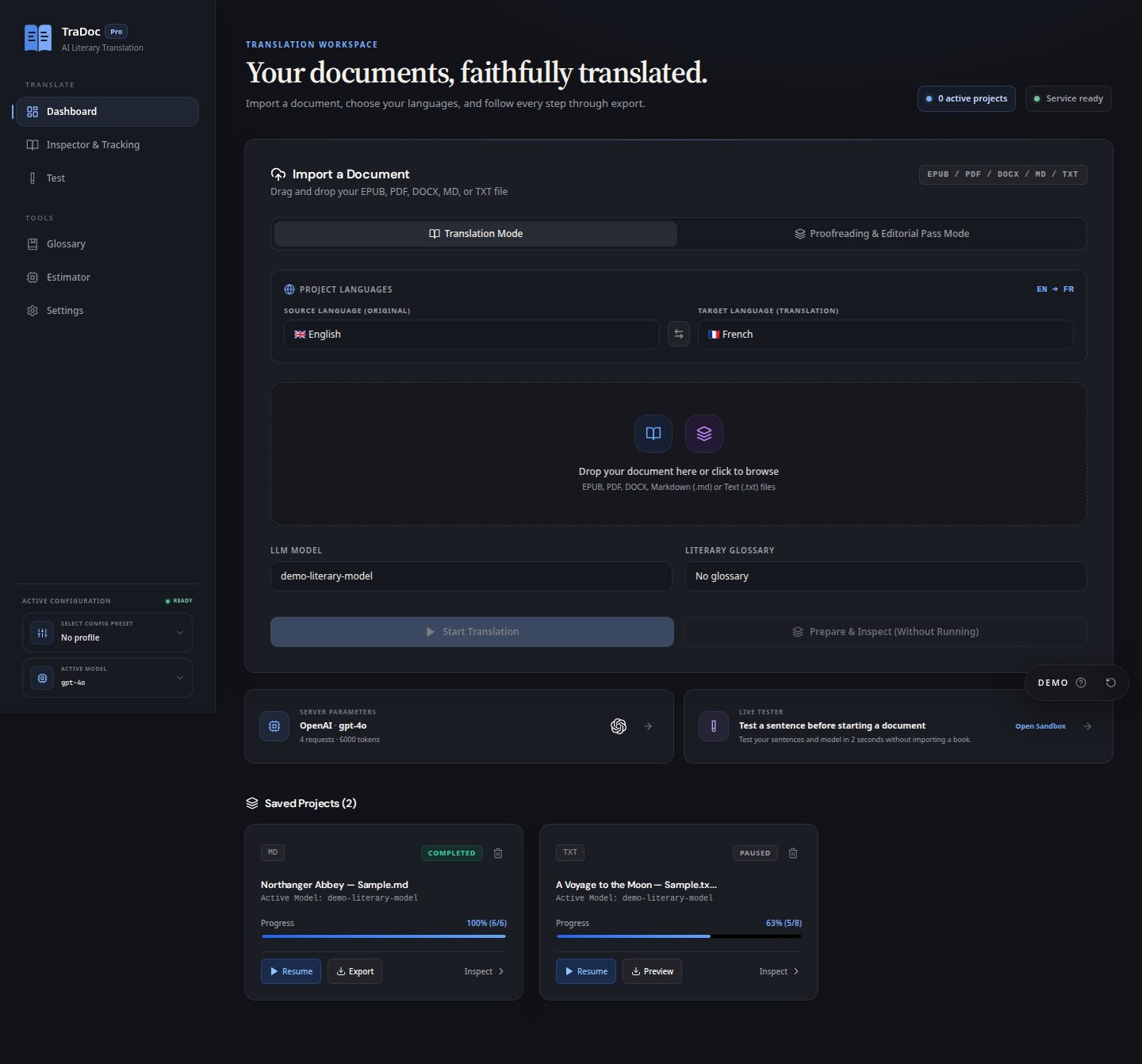 TraDoc — Actual product interface · isolated demo data